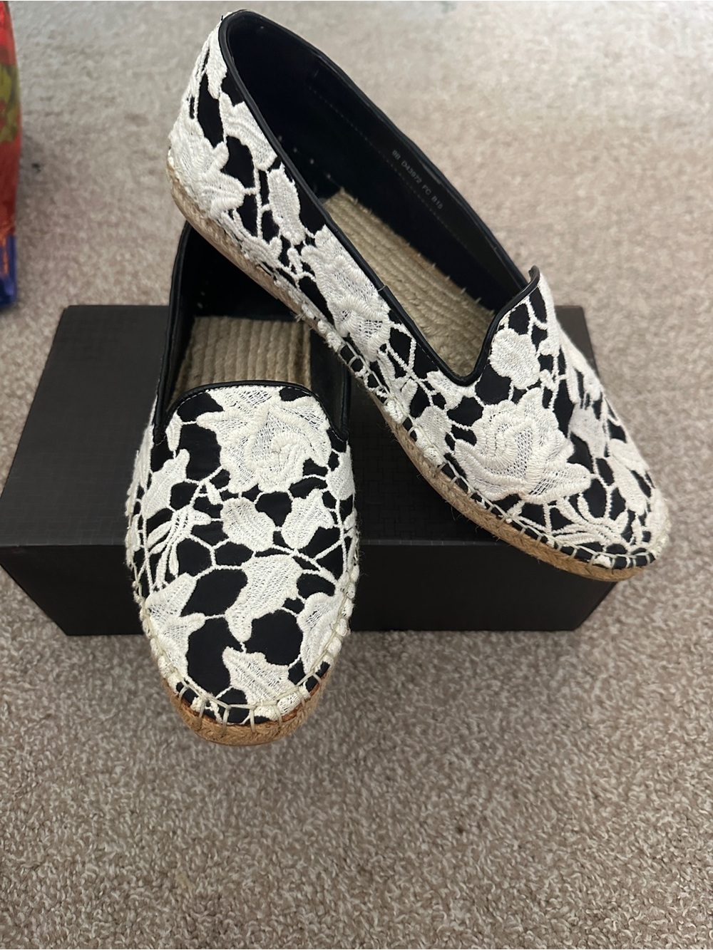 Cole Haan Black Espadrille Flats with White Lace Overlay